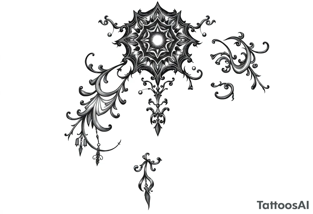 mystical dark and long ornament with witch mytolog and ancient rhyme tattoo idea