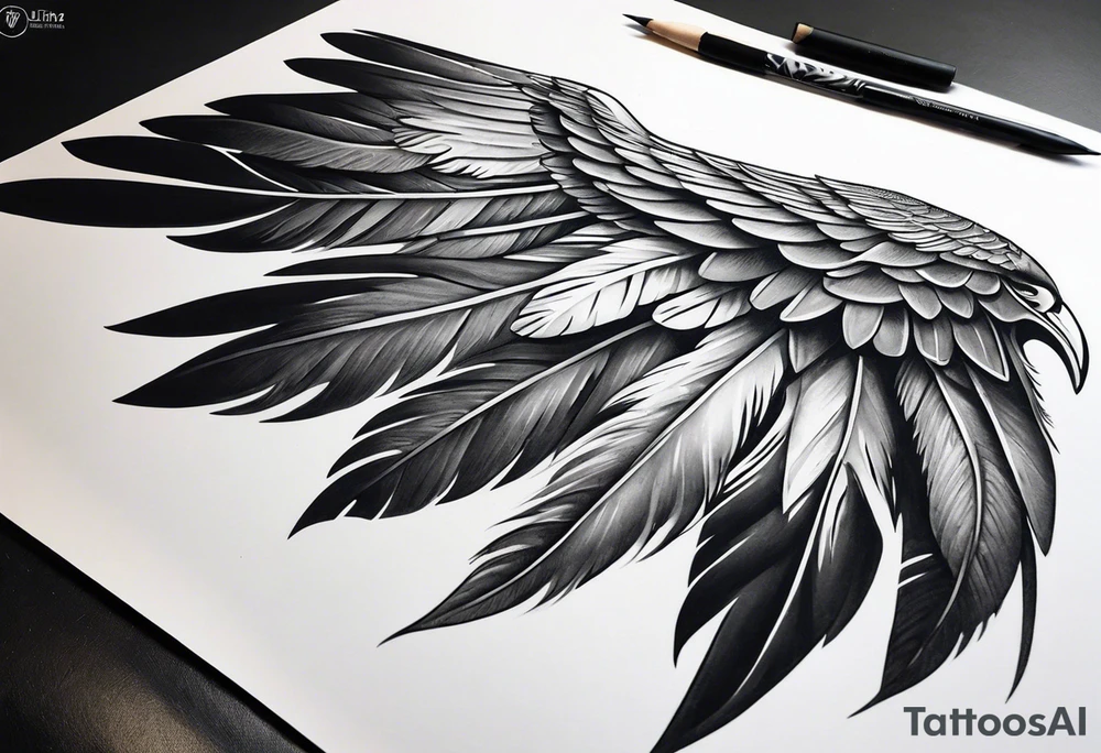wings tattoo extending from a mens shoulders, covering the upper arms and upper back. The feathers are intricately detailed, with soft shading in black and gray to create depth and texture. tattoo idea