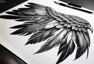 wings tattoo extending from a mens shoulders, covering the upper arms and upper back. The feathers are intricately detailed, with soft shading in black and gray to create depth and texture. tattoo idea