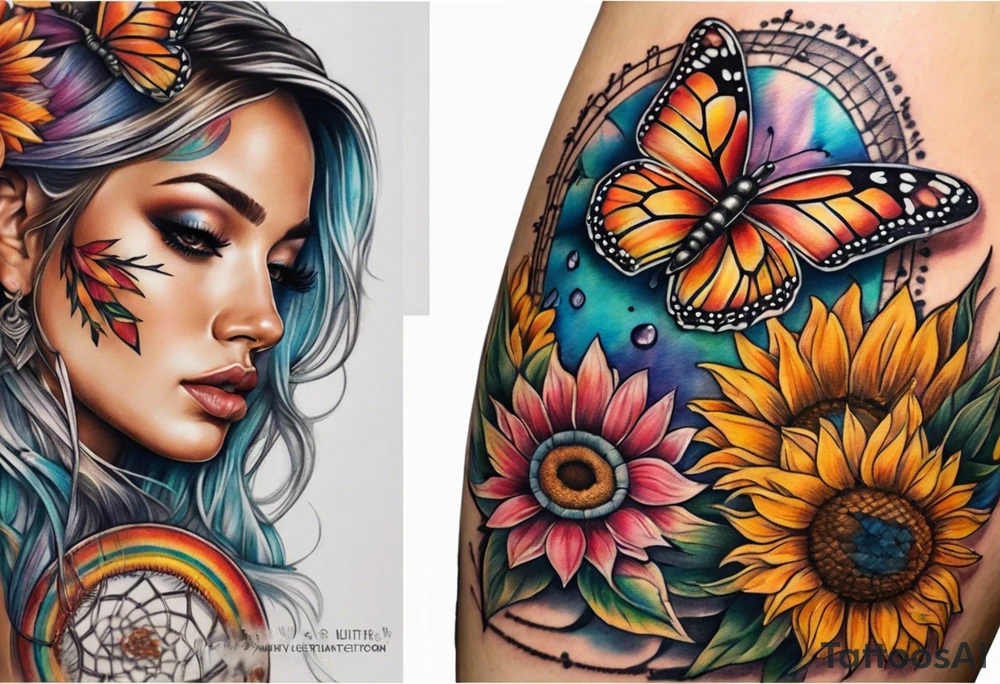 Quarter Leg sleeve with dreamcatcher, rainbow sunflowers and one butterfly tattoo idea