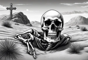 skeleton crawling towards a cross in a desert tattoo idea