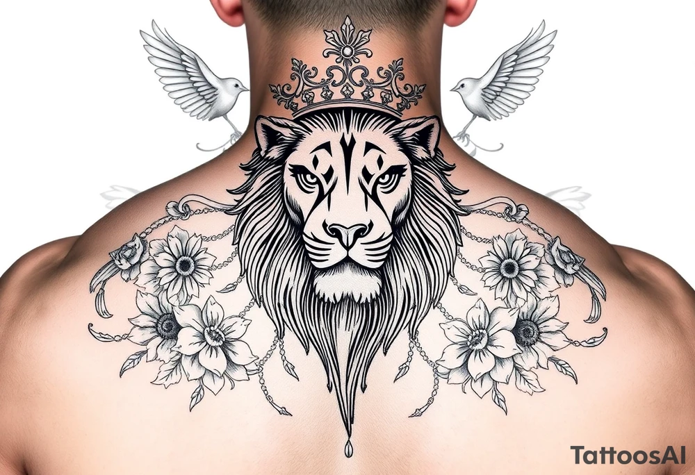 powerful majestic lion with a crown, surrounded by floral ornaments and birds tattoo idea