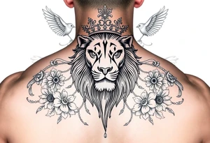 powerful majestic lion with a crown, surrounded by floral ornaments and birds tattoo idea