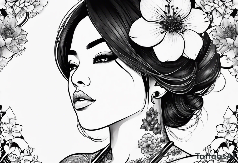 Black Female with name Nisha and sakura blossoms around her tattoo idea