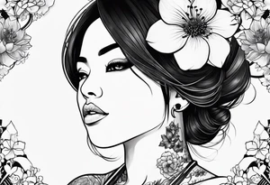 Black Female with name Nisha and sakura blossoms around her tattoo idea