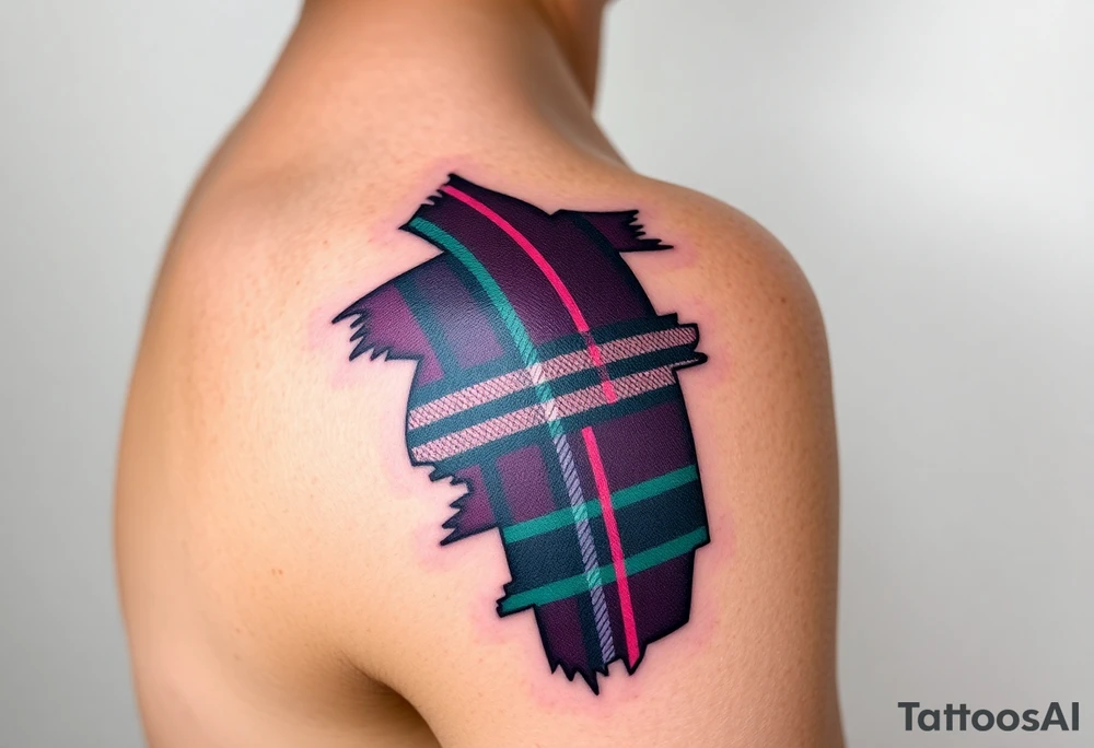 Side of arm Dark Purple with green pink blue and white highlights tartan fabric with skin peeling away at edges tattoo idea