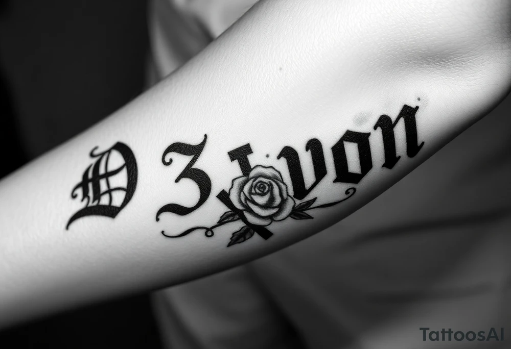 Name D3von spelt going down my arm with a crown and rose and cross and 03/27/07 tattoo idea