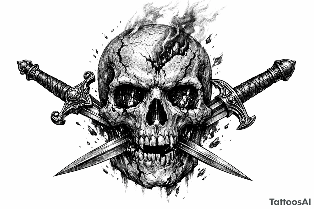 A weathered skull with burning embers, two ornate swords piercing its jaw. tattoo idea
