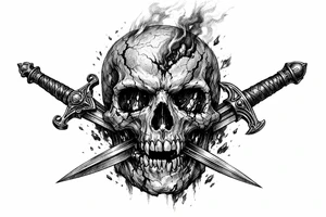 A weathered skull with burning embers, two ornate swords piercing its jaw. tattoo idea