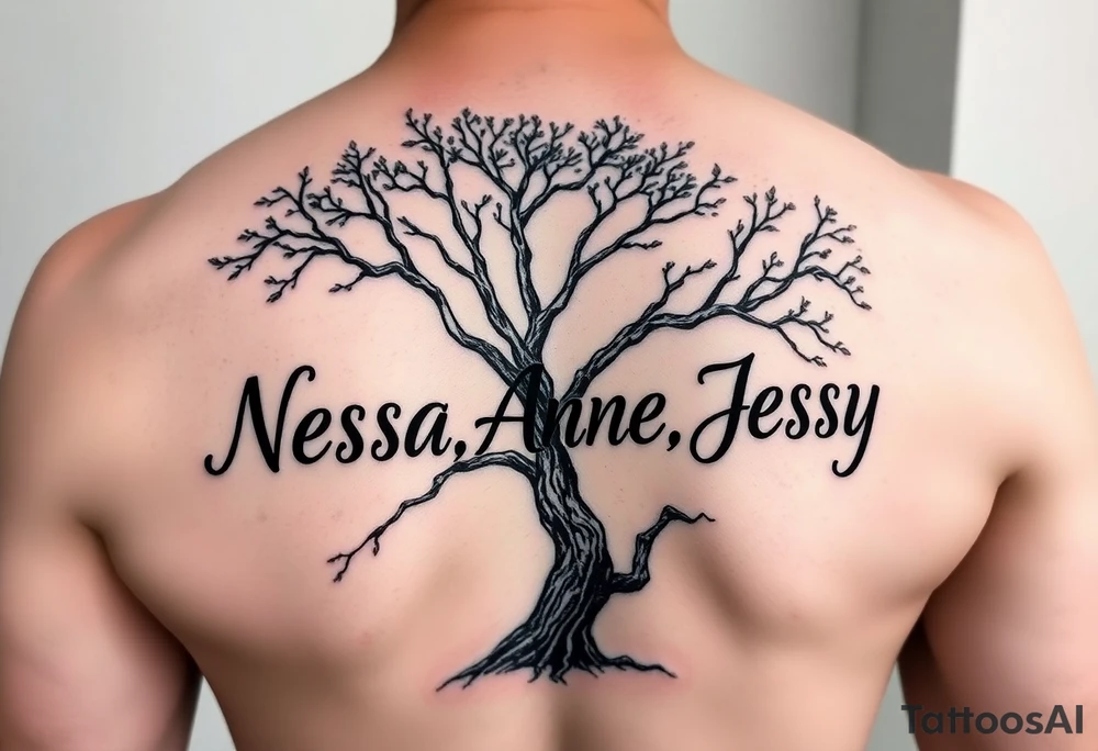 the name Nessa, Anne, Jessy in a live tree tattoo idea