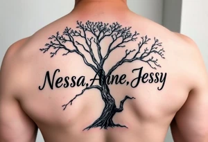 the name Nessa, Anne, Jessy in a live tree tattoo idea
