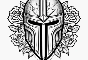 Outline of a broken Spartan helmet with a sword passing through the center around which a rose is interlaced. tattoo idea