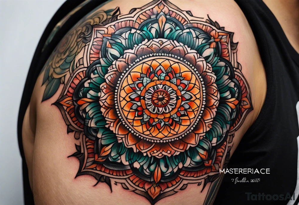 simple male mandala elbow tattoo in fall colors tattoo idea