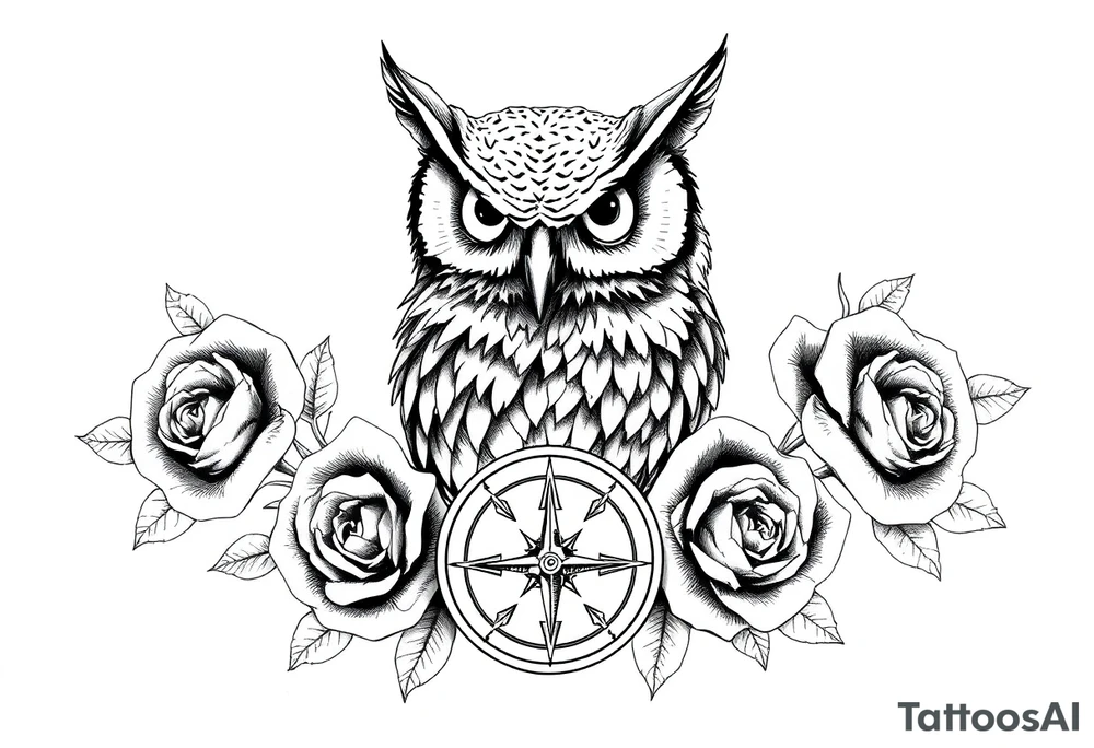 an owl,compass,roses, tattoo idea