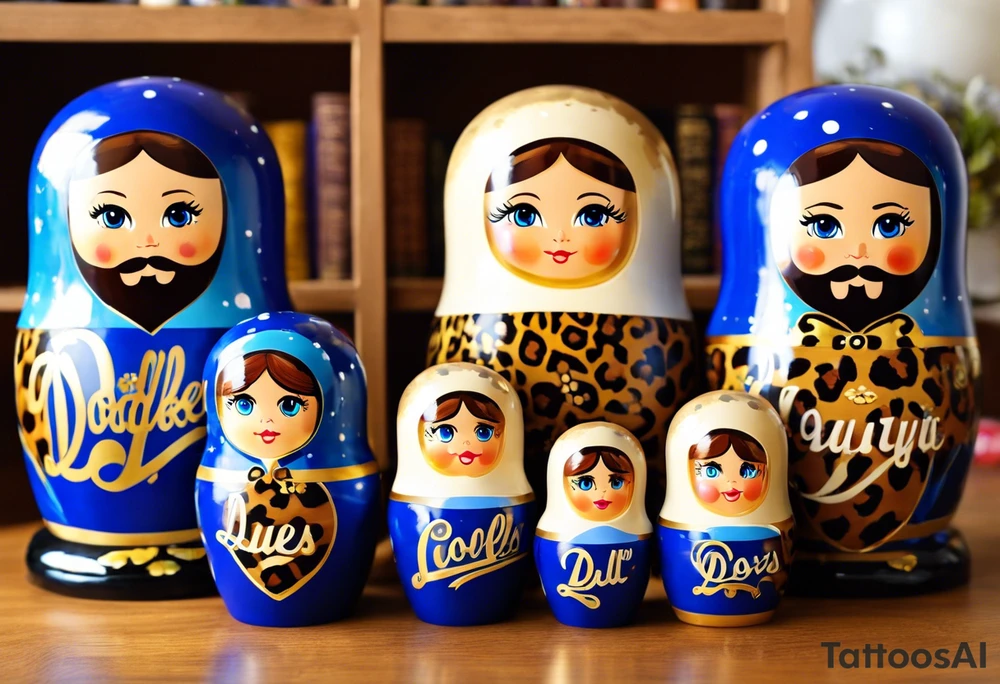 Matryoshka doll family of 4. Each doll is designed based on their individual description. Father (biggest doll) has full beard, blue eyes, short brown hair, loves LA Dodgers. Mother (second biggest doll) has blonde bob, blue eyes, thick rimmed black glasses, loves leopard print. Son is 4 years old, blue eyes, blonde spiky hair, loves Paw Patrol. Daughter is 2 years old, blue eyes, long eyelashes, short light brown bob, loves Bluey. tattoo idea