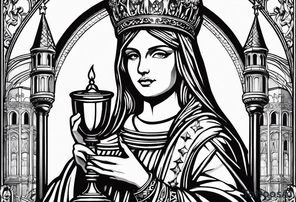 Saint Barbara holding a chalice with a tower beside her tattoo idea