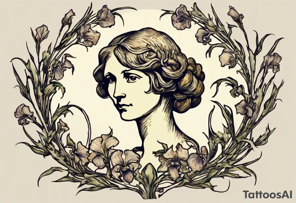 Create a colorful Vincent van Gogh Irises tattoo with Athena's shield and spear. The tattoo should take the form of a crescent, with vines gracefully intertwining at a central point in the middle of the wreath.  The intended placement is on the upper chest. The overall design should be small in size while maintaining a delicate and artistic aesthetic. Pay attention to the graceful flow of the vines and the placement of the irises to achieve a refined and elegant look. tattoo idea