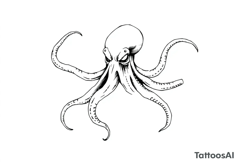 A minimalist blackwork tattoo design of an evil kraken The kraken is viewed from a 45-degree angle facing left, with its head centered. The tentacles extend only to the left and right, with none going downward beneath the head. the tentacles are quite long reaching to the left and right. The style is clean, fine-line detailing with bold outlines, avoiding heavy shading. The tentacles should be fluid, aggressive, and striking, enhancing the menacing and eerie look of the kraken while maintaining a cohesive design for a tattoo sleeve. make the tentacles very long, they need to be 3 times a slong as the head. tattoo idea
