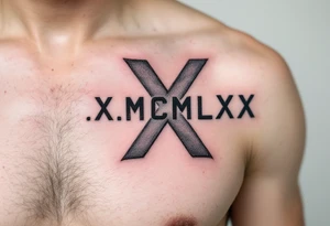 Large X.X.MCMLXX across the ribs in distressed gray ink, designed to look like it’s carved into stone. tattoo idea