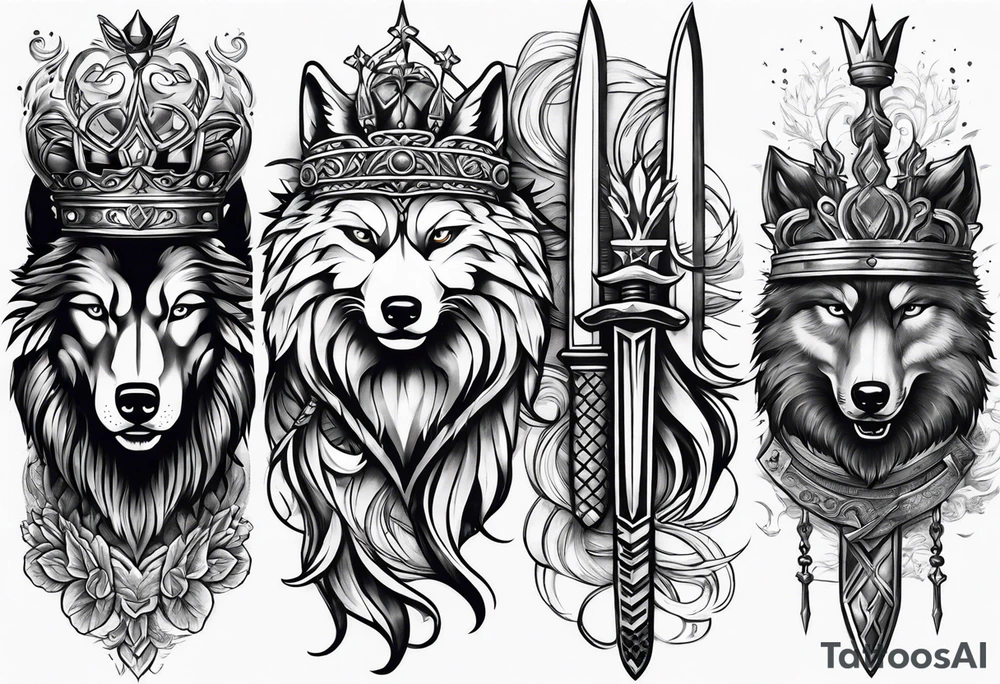 Create a vision of arm tattoo sleeve with combination of sword, crown, tree and three wolves to represent clients family roots tattoo idea