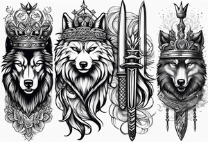 Create a vision of arm tattoo sleeve with combination of sword, crown, tree and three wolves to represent clients family roots tattoo idea