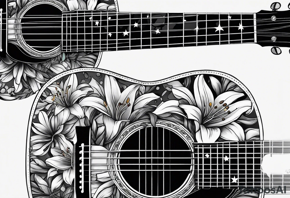 basic black acoustic guitar wrapped with lilies around the neck, with a simple black star on the guitar body. meant for the inside of a woman's bicep tattoo idea