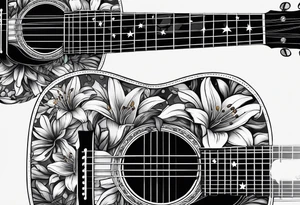 basic black acoustic guitar wrapped with lilies around the neck, with a simple black star on the guitar body. meant for the inside of a woman's bicep tattoo idea