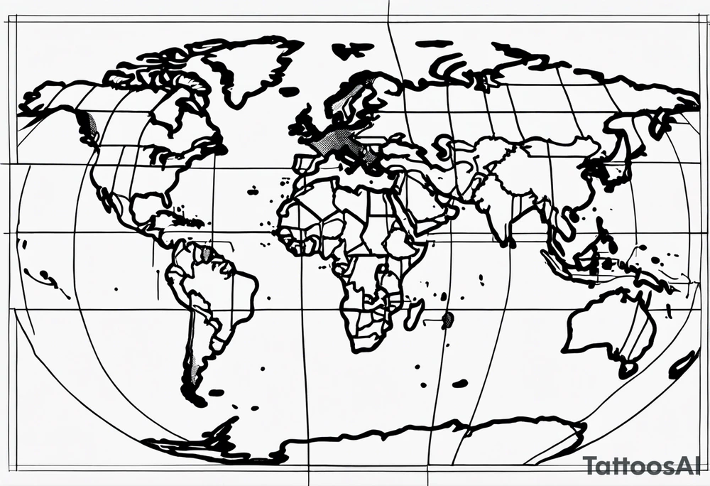 flat map of the earth with lines of a grid not shaded in with no bolding with the countries with accurate borders tattoo idea