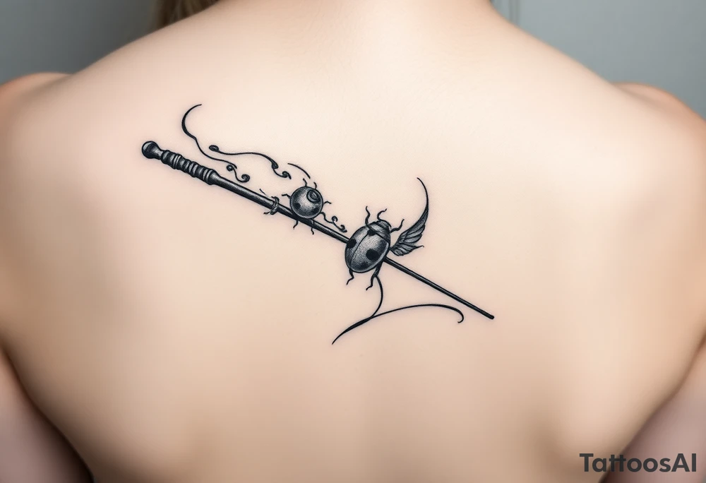 A ladybug getting out of hermione's magic wand like it was a spell. Magic dust all around the wand that looks almost smoky. I also want some small details around it that would make a piggyback on harry potter's movie like harry's glasses, a lightning, the golden snitch, etc... tattoo idea