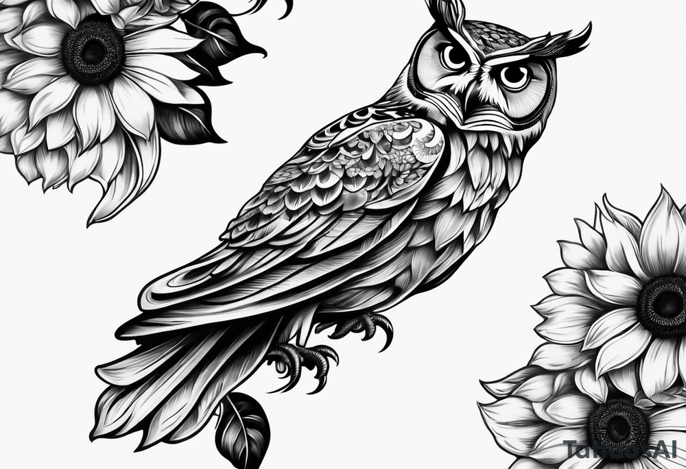 Owl with sunflowers leg sleeve tattoo idea