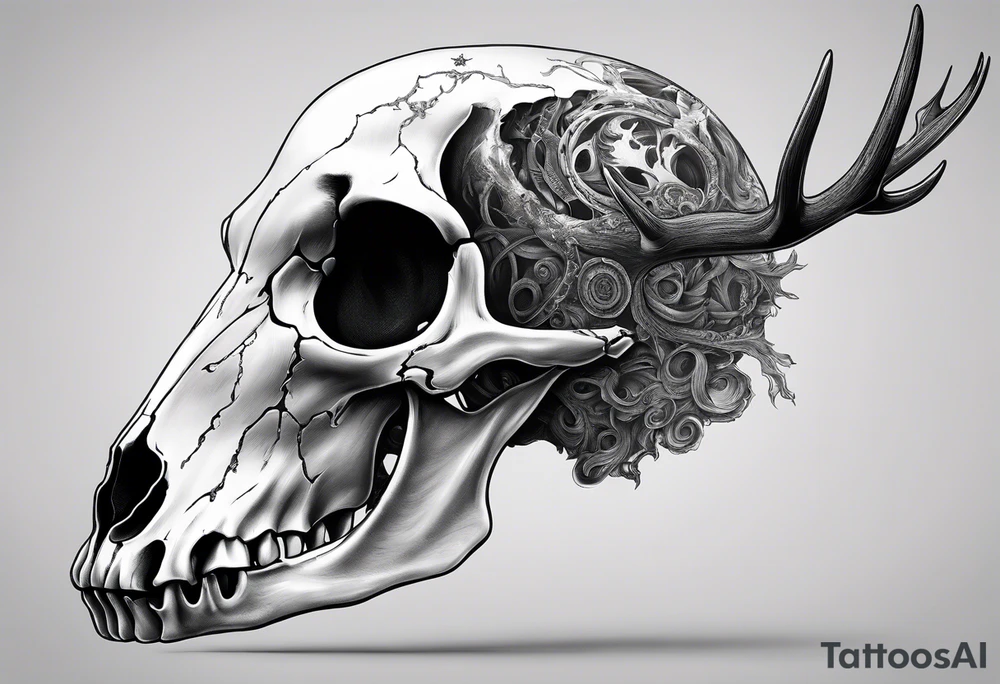 A side view of a decayed deer skull with no skin JUST BONE surrounded by fire tattoo idea