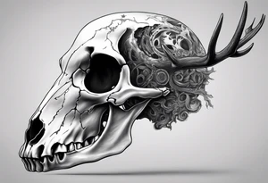 A side view of a decayed deer skull with no skin JUST BONE surrounded by fire tattoo idea