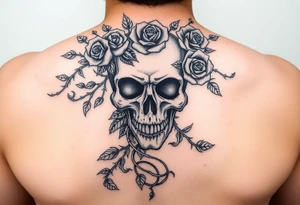 gothic skull intertwined with climbing roses and thorny vines tattoo idea