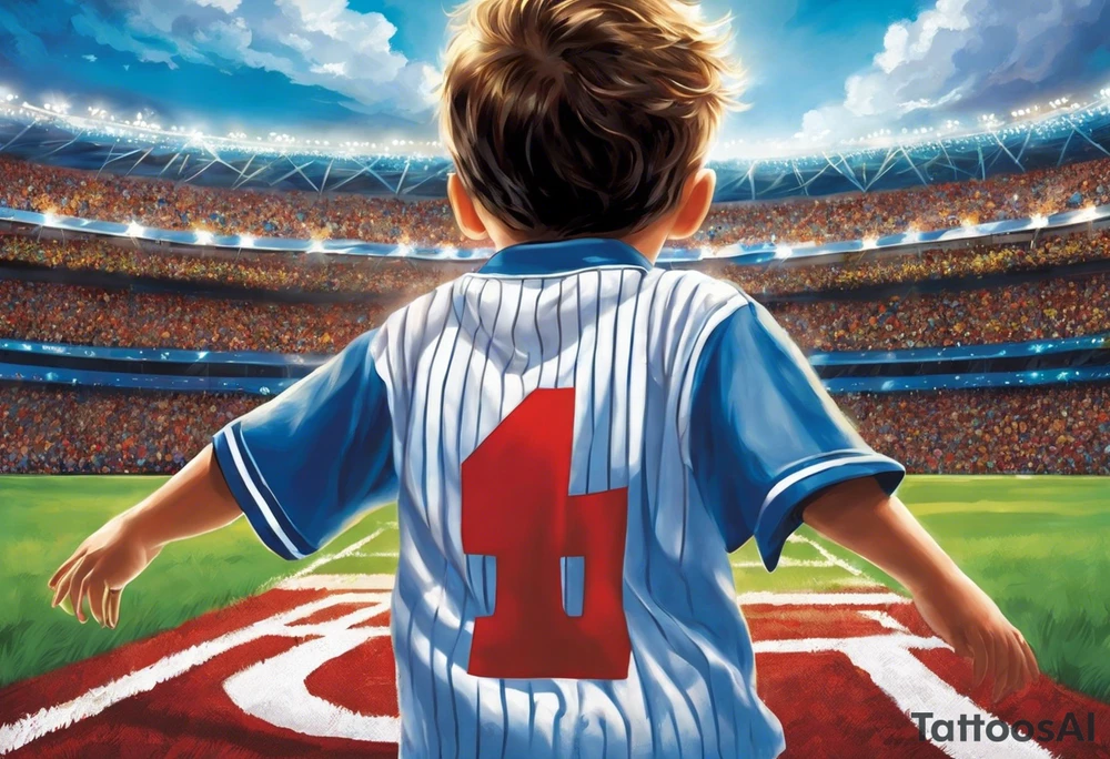 A little boy with the number 10 on his back walking into a stadium with a cross above it and a saying Roman’s 8:18 “ the pain you are feeling today, can’t compare to the joy to come tomorrow.” As well with 5 stars around it and in each star I want the number 15, 2 , 25, 27, 2 . tattoo idea