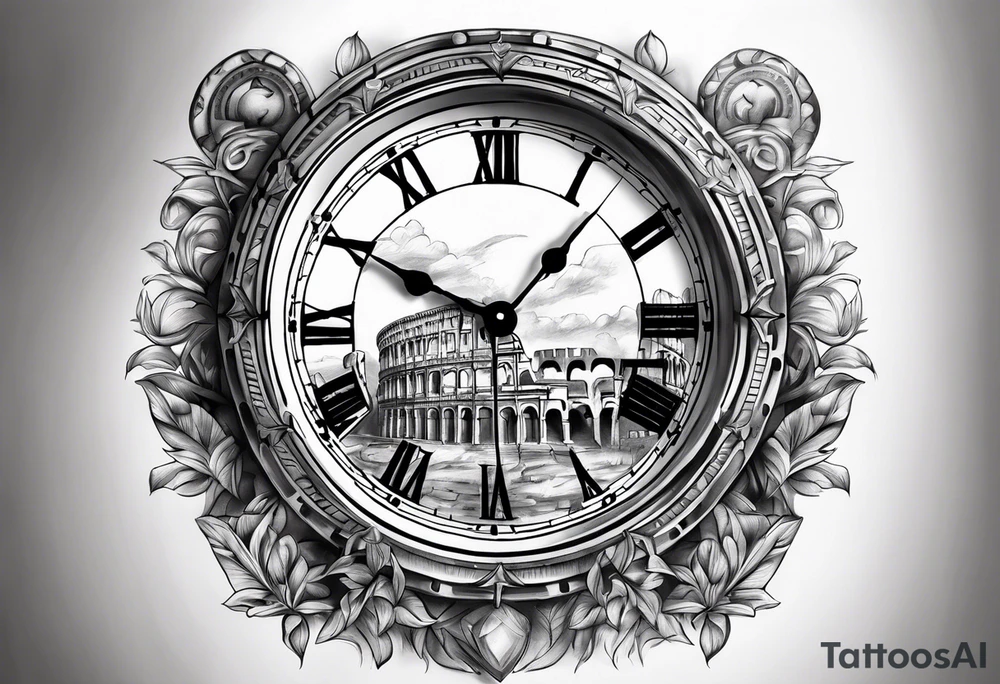 Roman clock above
 colosseum tattoo idea