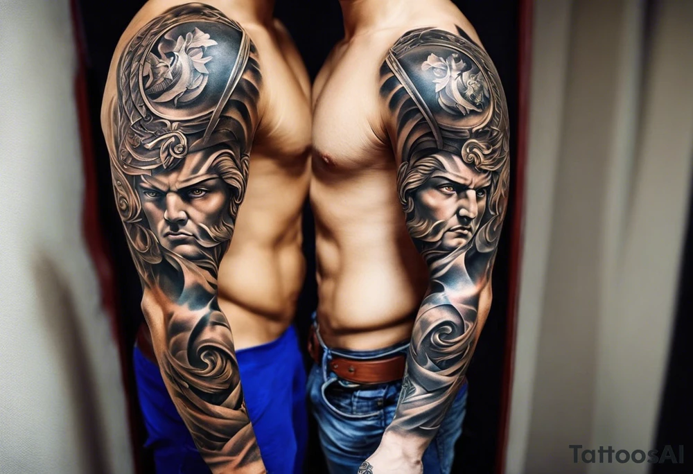 Im a businessman and I had a very long and hard time, chasing my dreams, not giving up, hard work, dedication, focus, heart broken, recovered, pushing hard, got broke and gained again. I like greek gods and I want a full sleeve tattoo exactly telling me the story of my life tattoo idea