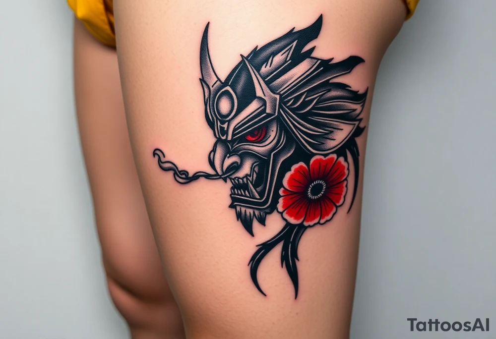 Rouge ronin with smoke coming out of its mouth with 11b tattooed under its left eye with 1 poppy on each side of the ronin tattoo idea