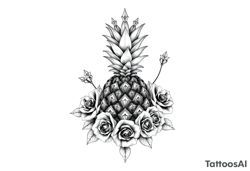 powerful pineapple with a crown,and diamonds and roses tattoo idea