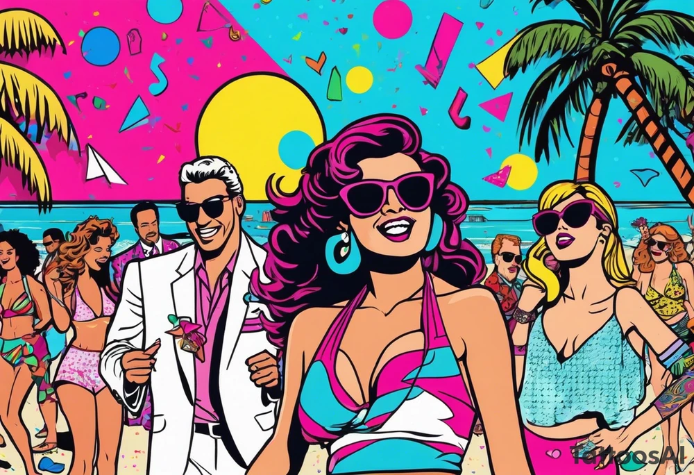 1980's miami vice style beach dance 
party, include confetti, music notes, boom box, bikinis tattoo idea