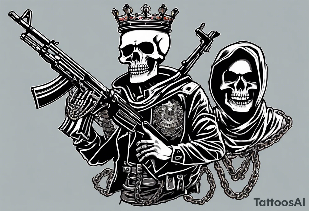 image of a skeleton standing frontally with a crown on his head, holding an AK-47 on his shoulder with his right hand. The chain on the left should be taut, there are three angry barking Dobermans in it, near the waist tattoo idea