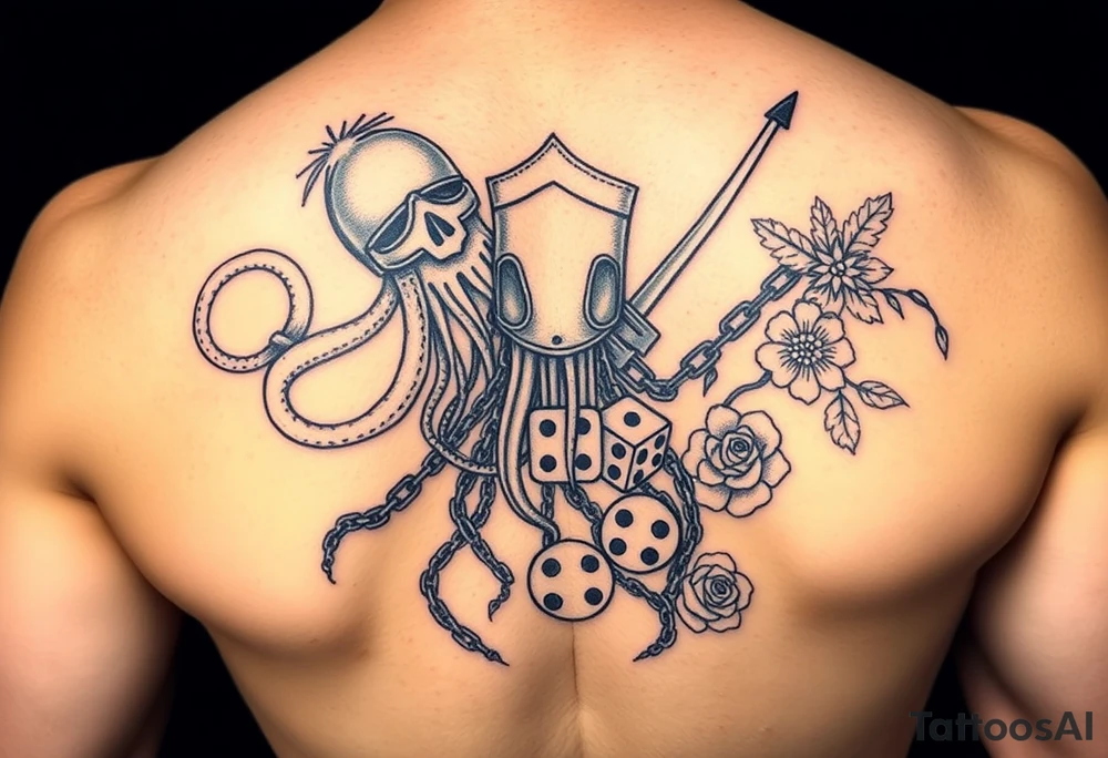 Squid and knight and sailor hat combined with chains, tree roots, cherry blossoms and roses rolling dice tattoo idea
