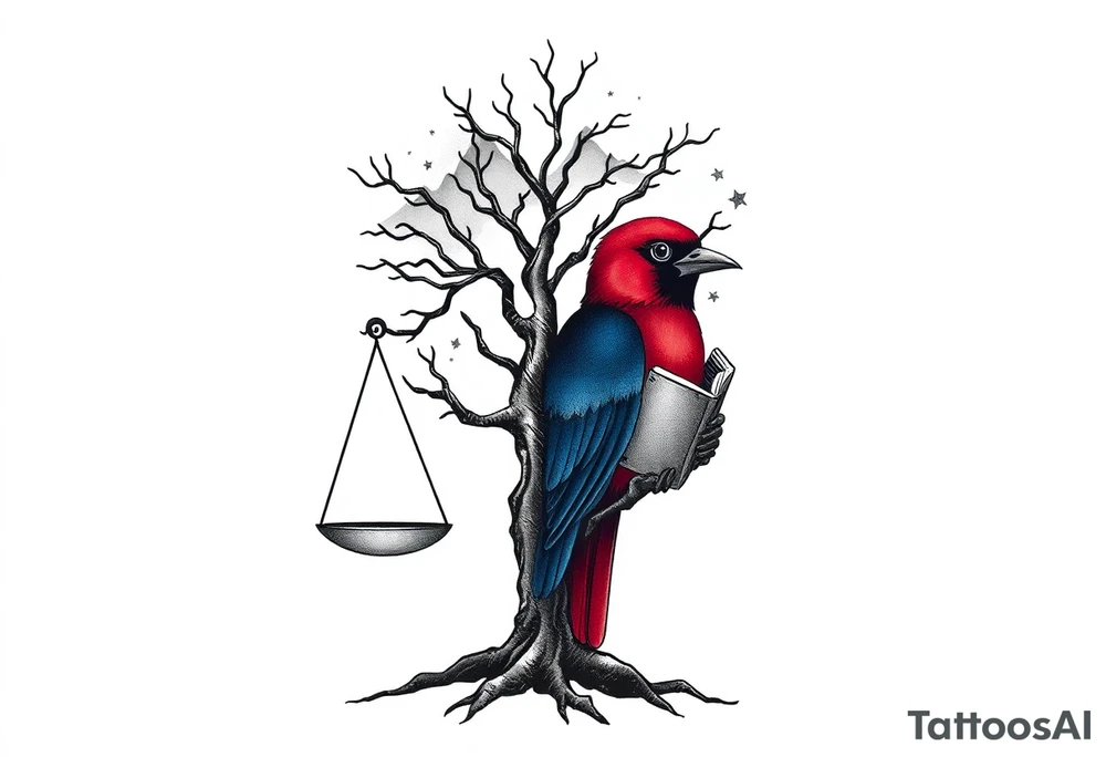 one of the birds red wearing a suit, other bird navy blue with glasses or holding a book, scales of justice built into a tree, starry night painting and mountain background tattoo idea