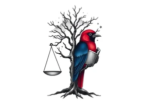 one of the birds red wearing a suit, other bird navy blue with glasses or holding a book, scales of justice built into a tree, starry night painting and mountain background tattoo idea