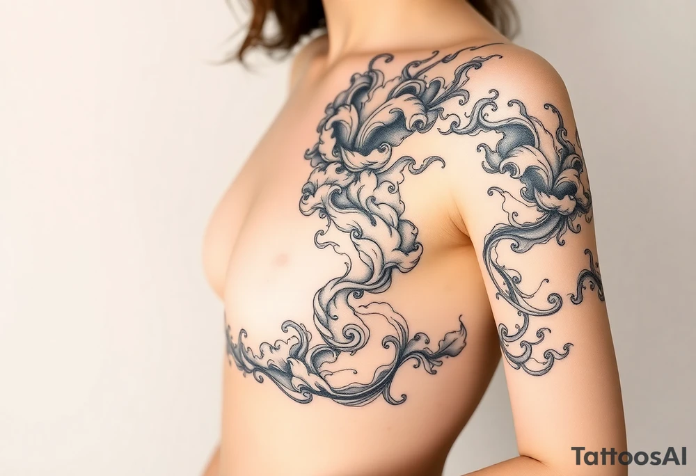 Art nouveau style Celestial swirling tumultuous intergalactic space clouds flowing like wispy smoke tattoo idea