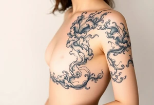 Art nouveau style Celestial swirling tumultuous intergalactic space clouds flowing like wispy smoke tattoo idea