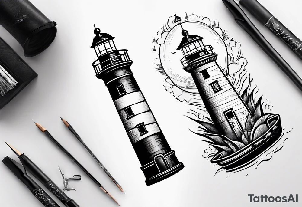 An open book with a lighthouse in the middle and a compass to wrap around forearm tattoo idea