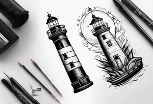 An open book with a lighthouse in the middle and a compass to wrap around forearm tattoo idea