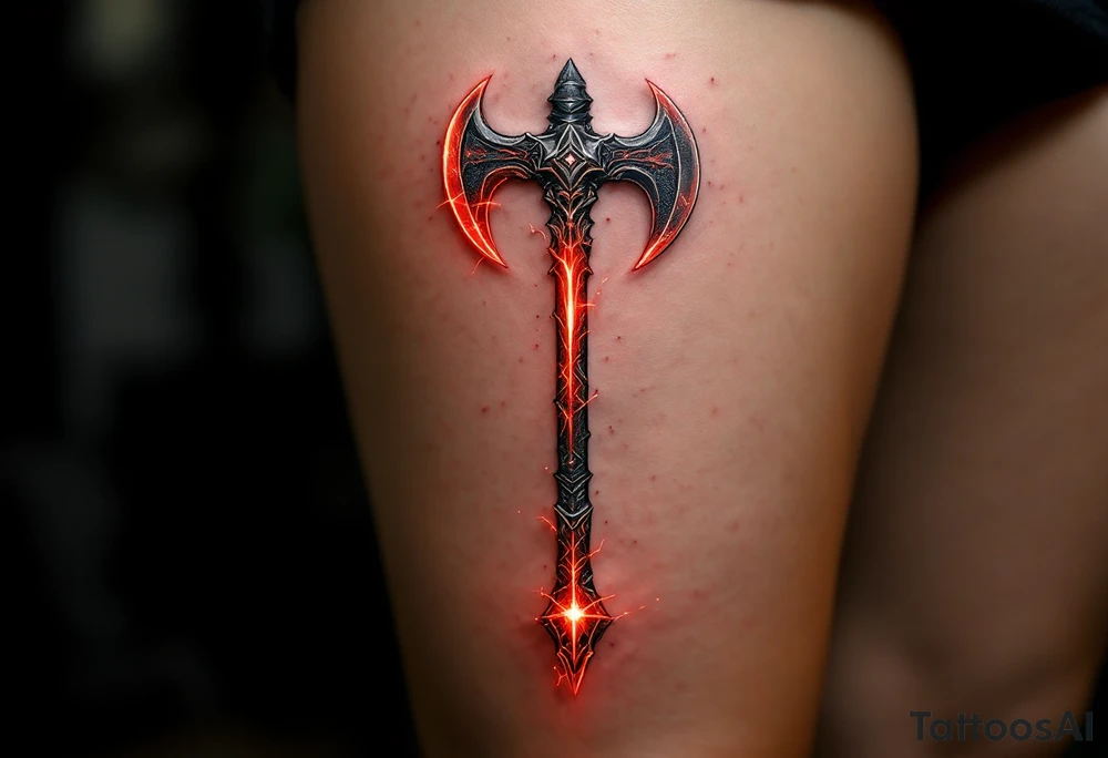 A deep red Perun’s axe glows with power, symbolizing strength and masculine energy. tattoo idea