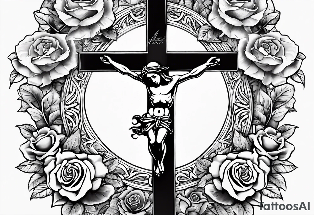 crucifix with vines and roses growing around it and sun beams coming from it tattoo idea
