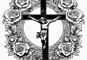 crucifix with vines and roses growing around it and sun beams coming from it tattoo idea